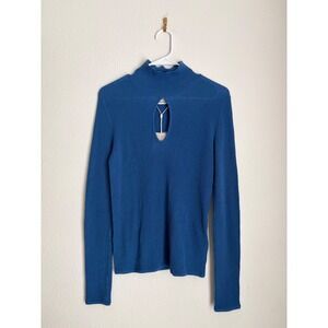 C/MEO COLLECTIVE Era Knit Top Blue Ribbed Mock Neck Keyhole Cutout Sweater